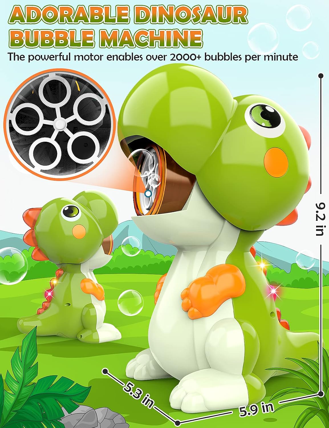 BubblePals Dinosaur Bubble Machine for Toddlers, Automatic Bubble Maker with Solutions for Kids Age 3-5 4-8, Outdoor Water Toys for Backyard Boys Girls Birthday Gift (Green)