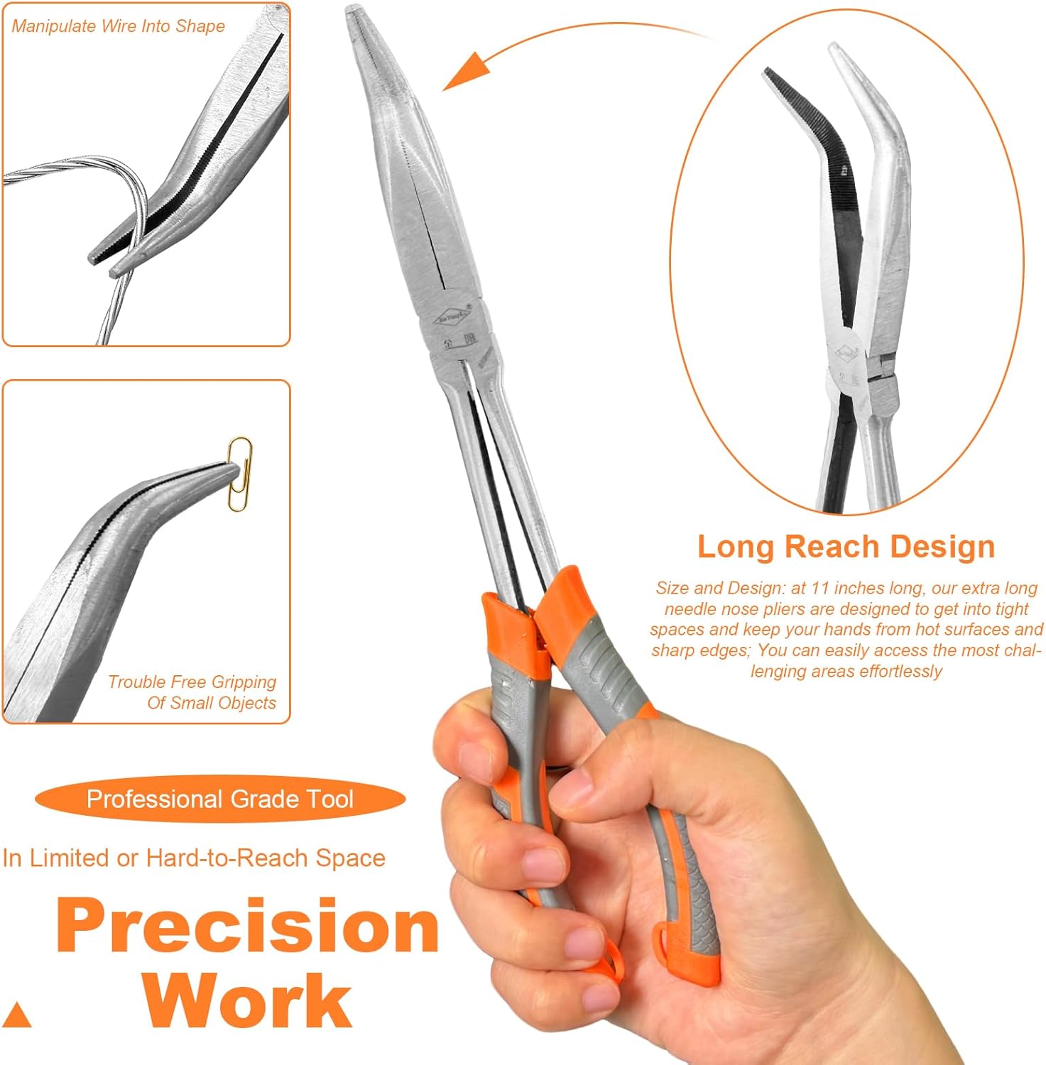 11 Inch Long Needle Nose Pliers - 1 Piece Set of Long Handle Pliers - 45° Curved Steel Designed for Machinists, Technicians and Contractors