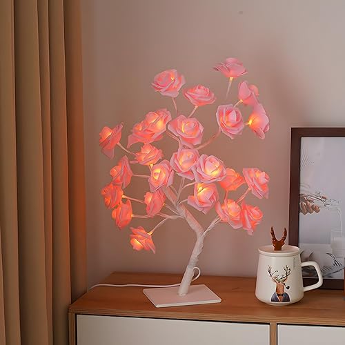 Miniatura 4 de Lámpara de árbol de rosa, 24 luces LED de mesa de flores de rosas, lámpara de mesa de color rosa artificial para niñas, regalo del día de la madre,