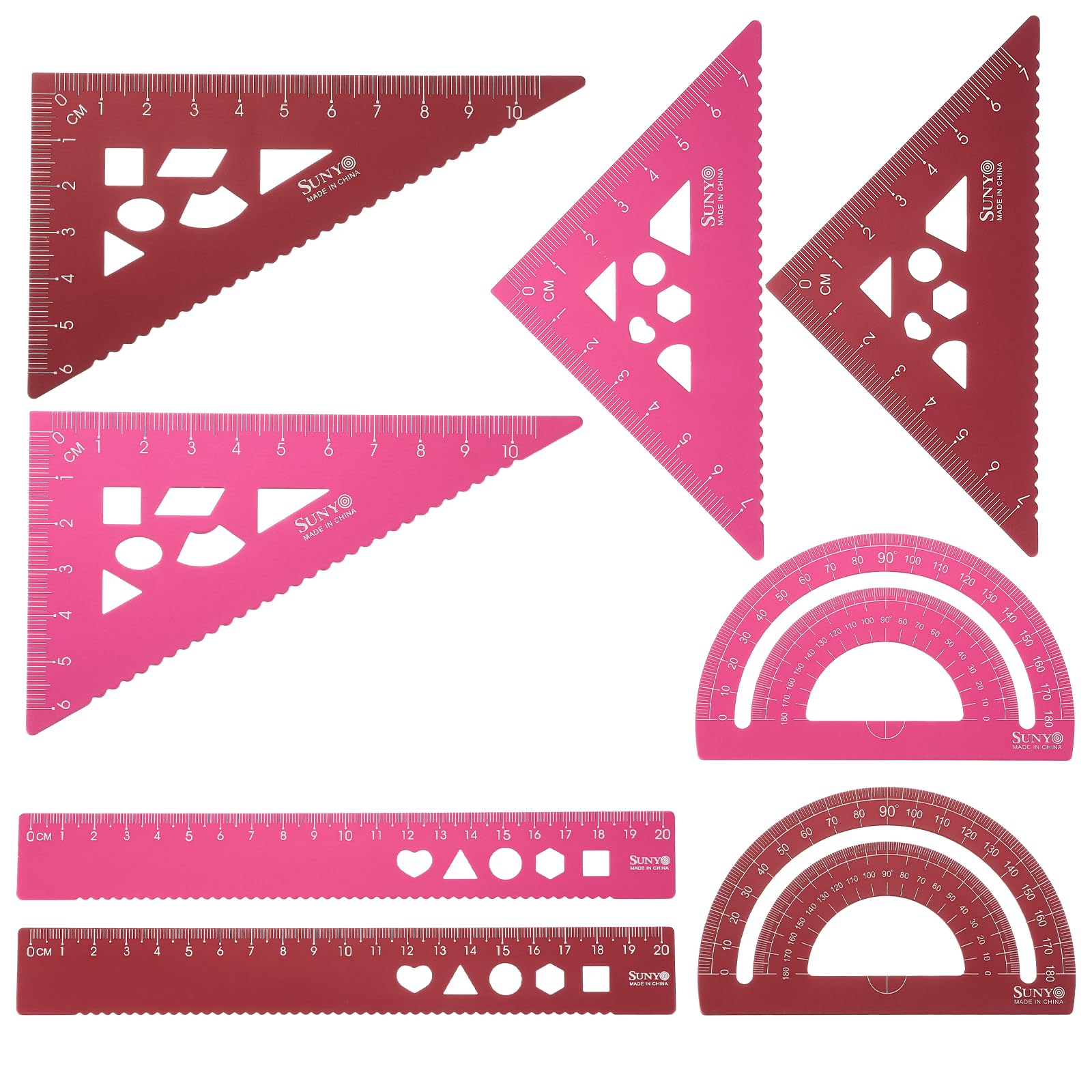 sourcing map 8pcs Triangular Ruler Set 20cm Aluminum Alloy Straight Geometric Protractor Triangle Engineering Scale Drafting Ruler Kit Measuring Drawing Tool for Classroom Office Home, Red/Pink
