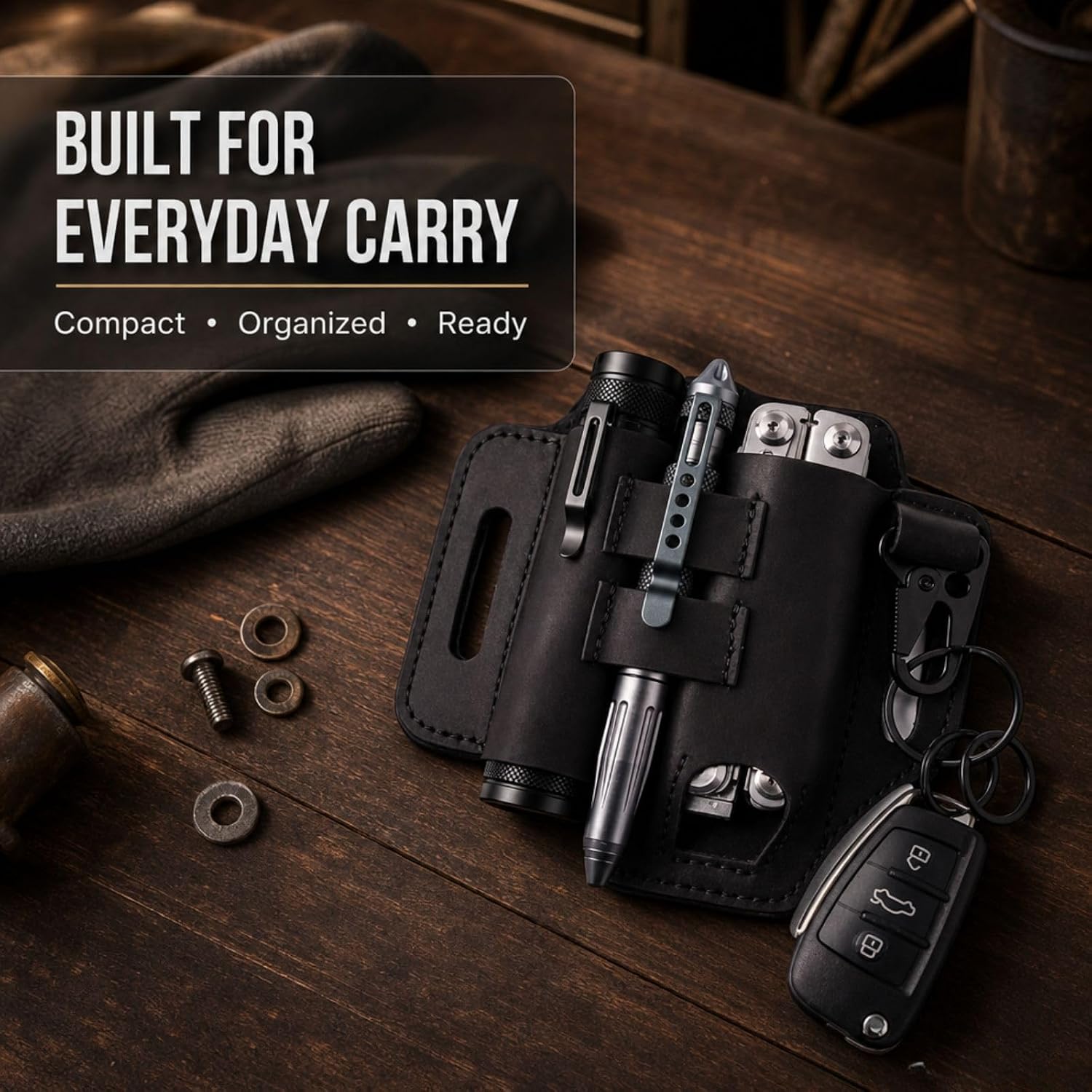 Leather Multitool Sheath for Belt – EDC Pouch & Leather with Flashlight Holder,Pen Loop & Keychain Clip –Multi Tool Holster Pouch for Men,Gift