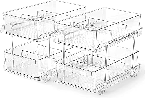 Organizador transparente de 2 niveles con divisores, contenedor de almacenamiento deslizante multiusos, bandeja organizadora de mostrador de tocador