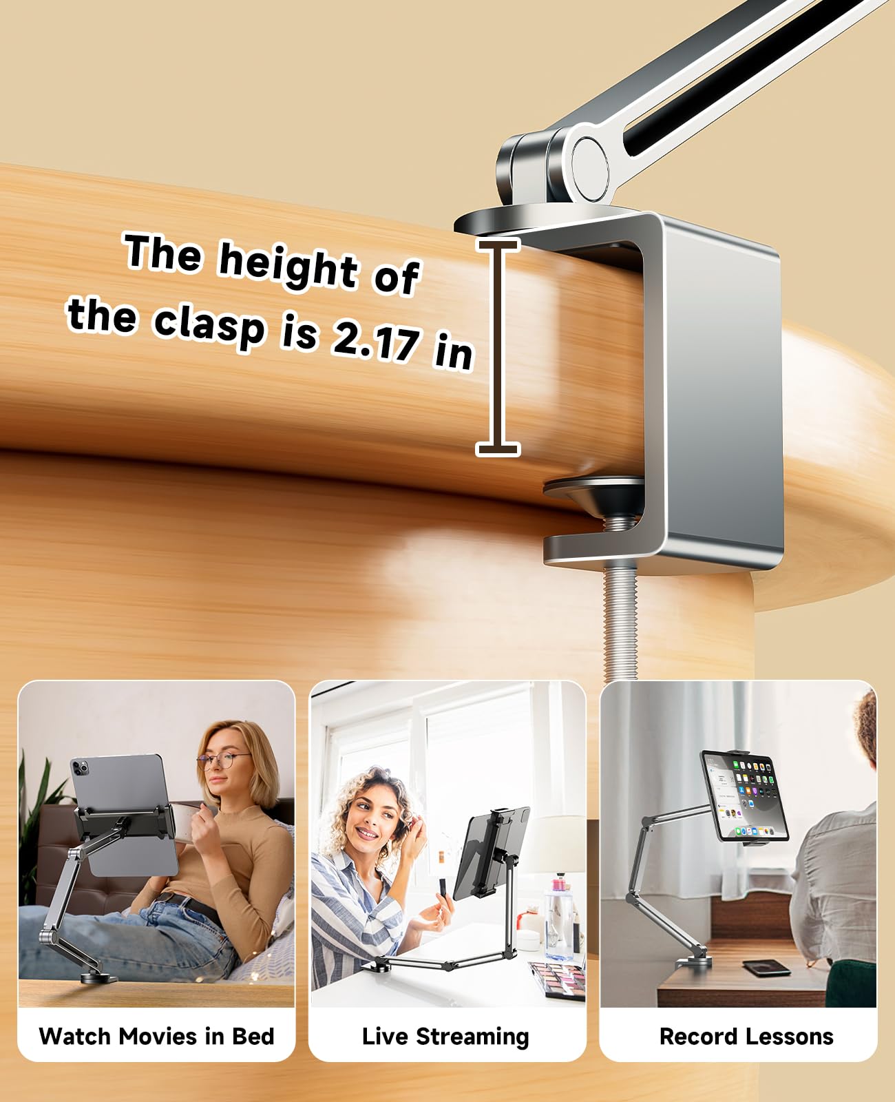 YICOSUN Robuste 3-teilige Tablet-Armhalterung, Luftfahrt-Aluminium, 360°-Dämpfungsklemme, super griffige C-Klemme für 4-15,6 Zoll iPad, Tablet, Handy, tragbarer Monitor, E-Reader, Schreibtisch, Bett