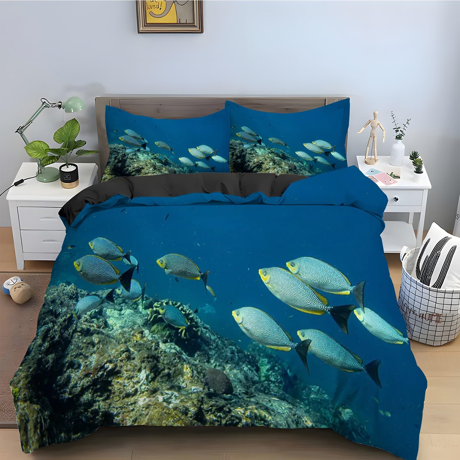 Housse de couette 160x200 océan avec 2 taies d'oreiller bleu marine en microfibre douce kz1263
