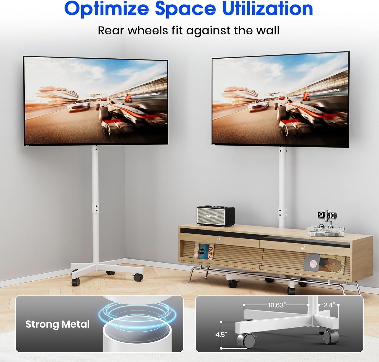 Mobile TV Stand for 23-60 Inch LCD LED OLED Flat Panel Curved Screen TVs up to 88 lbs, Tilt and Height Adjustable, Locking Rolling Wheels TV Cart, Max VESA 400x400mm, White