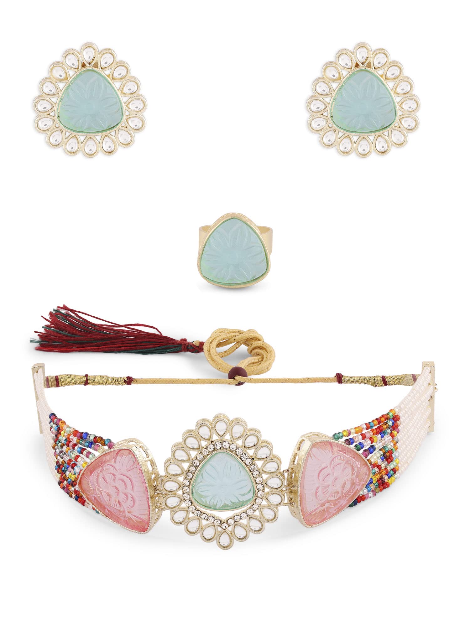 ZAVERI PEARLS Multicolor Stone Multistrand Beaded Kundan Choker Necklace Earring Ring Set For Women-ZPFK15845 (B0BW5NKSHK) Amazon Price History, Amazon Price Tracker