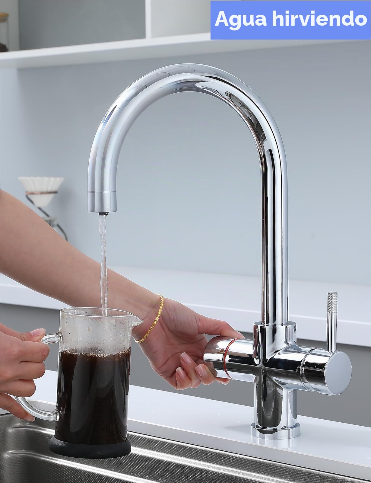 Grifo de agua hirviendo 4 en 1 con agua filtrada fría, mezclador caliente y frío, grifo de cocina de latón macizo, grifo de agua caliente instantáneo con bloqueo de seguridad infantil (sin