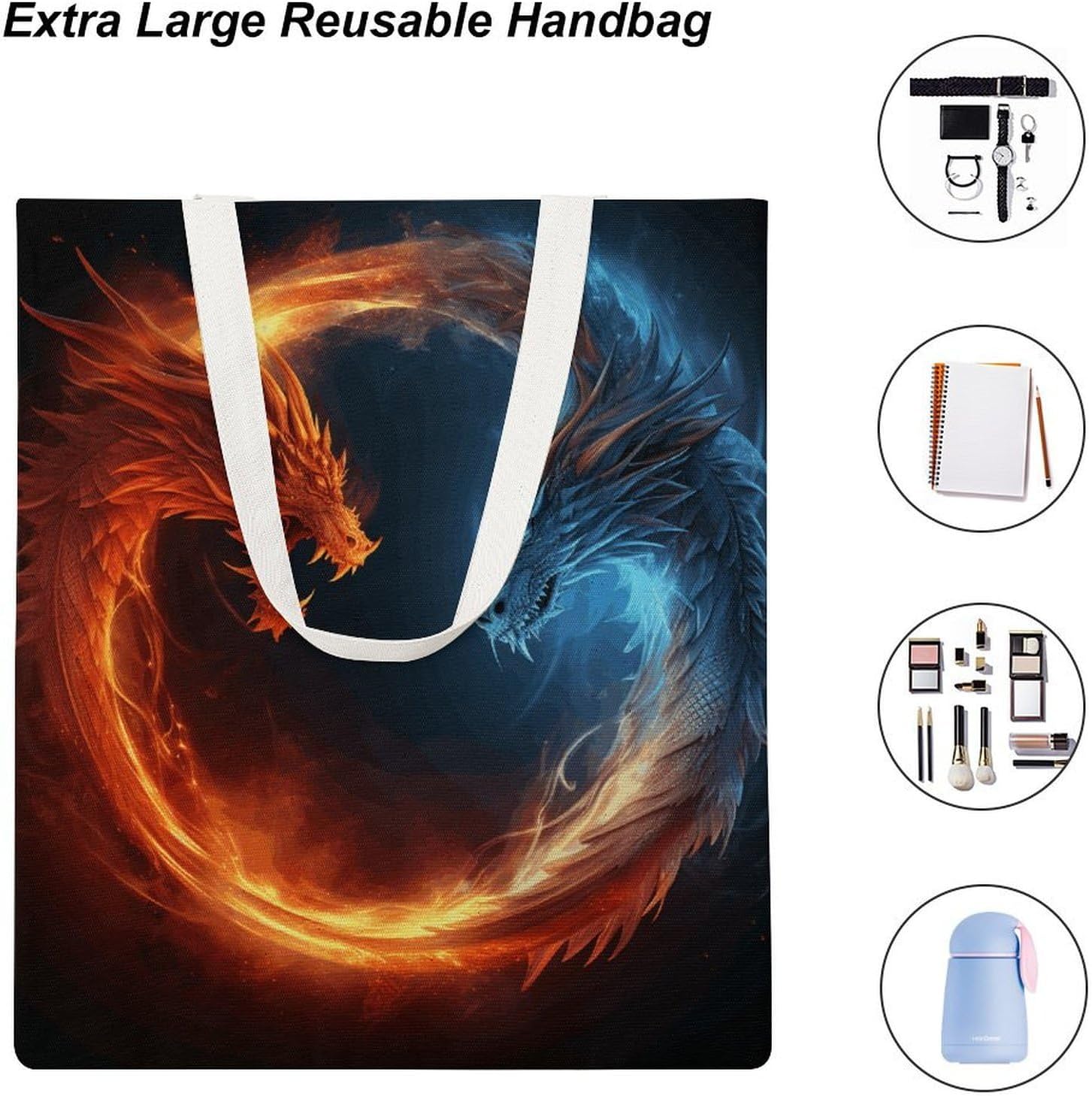 Canvas Tote Bag 16x15 In Lightweight Foldable Shoulder Hobo Purse | Fire And Ice Dragons, Casual Tote with 10" Strap, Everyday Carryall, for Travel Work Grocery Shopping Beach Mark Gym Yoga