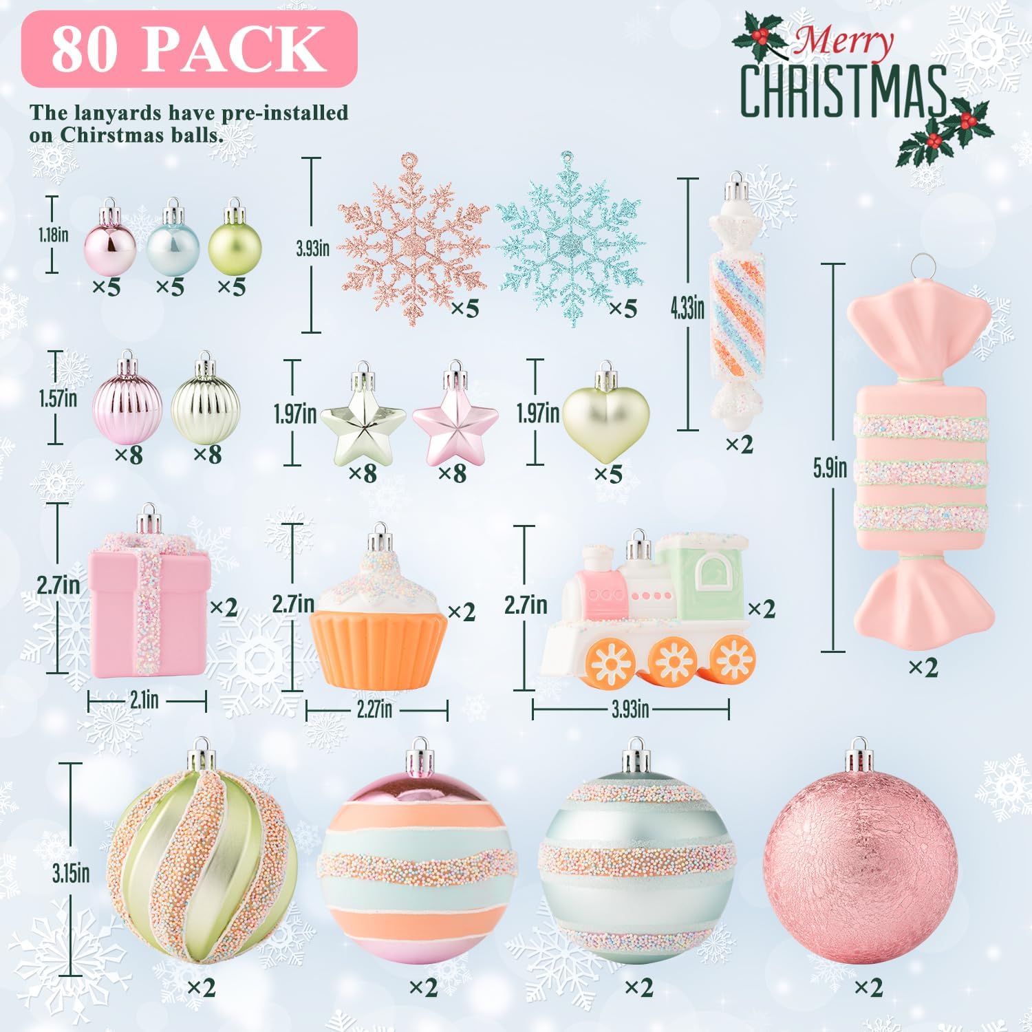 3.15" Pastel Candyland Christmas Ball Ornaments Set, 80 Pcs Cute Dessert-Themed Macaron Pink Xmas Tree Pendants with Cupcake, Train, Lollipop, Shatterproof Hand-Painted Bulk for Sweet Wonderland Party