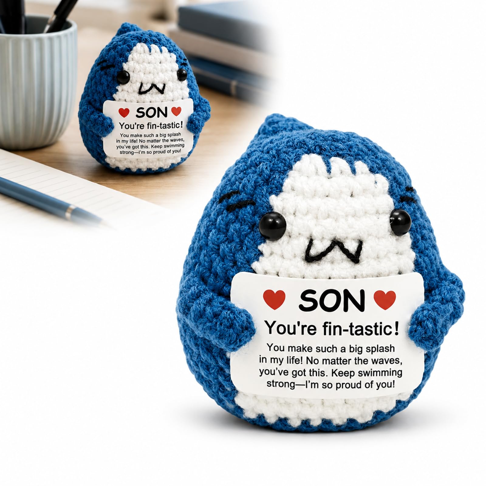 Positive Crochet Shark Plush with Card for Son, Handmade Blue White Yarn Gift, Inspirational Desk Ornament for Birthday, Father's Day, Cute Keepsake for Desk, Shelf or Office Decor โ image 1