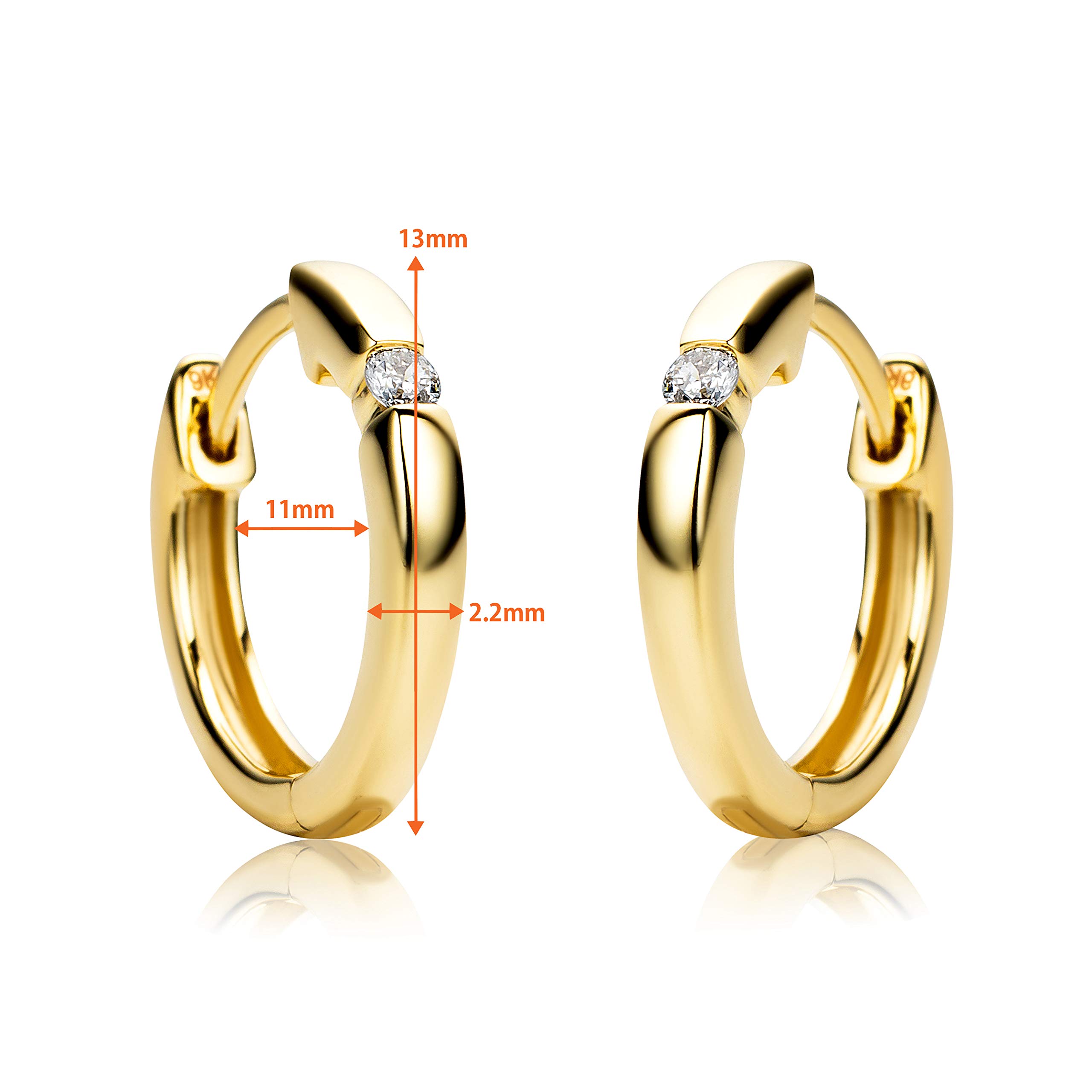 Orovi Schmuck Damen runde Solitär Brillant-Diamant-Creolen mit natürlichen Diamanten im Brillantschliff 0.07CT Zeitlose klassische Ohrringe aus Gelbgold 9 Karat(375) Gold, Kreolen-Durchmesser 13mm