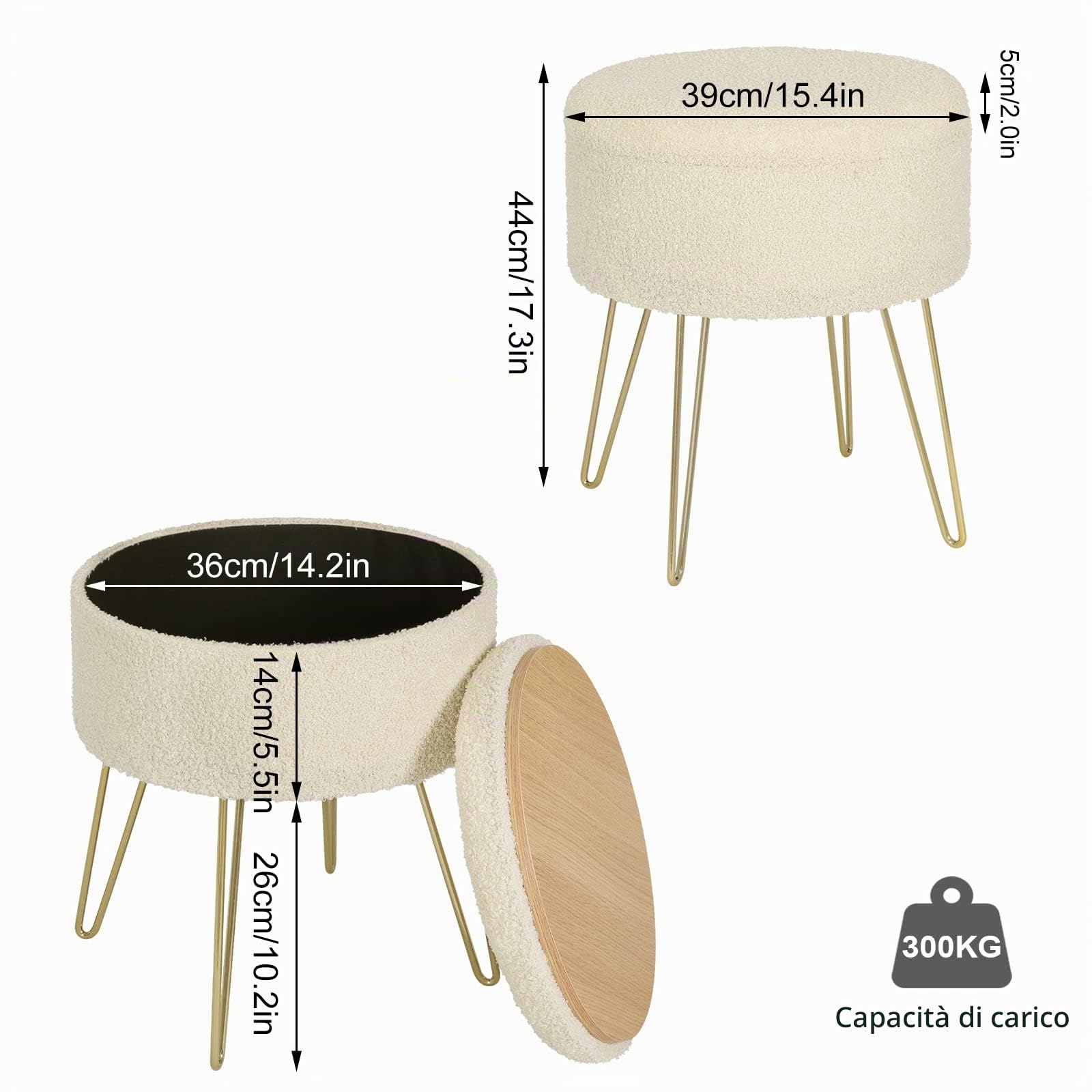 WOLTU Sgabello Contenitore Rotondo, Sgabello per Toeletta Trucco con Coperchio Rimovibile, Pouf Portaoggetti in Tessuto di Pile con Gambe in Metallo, Ø39 x 44 cm, Beige