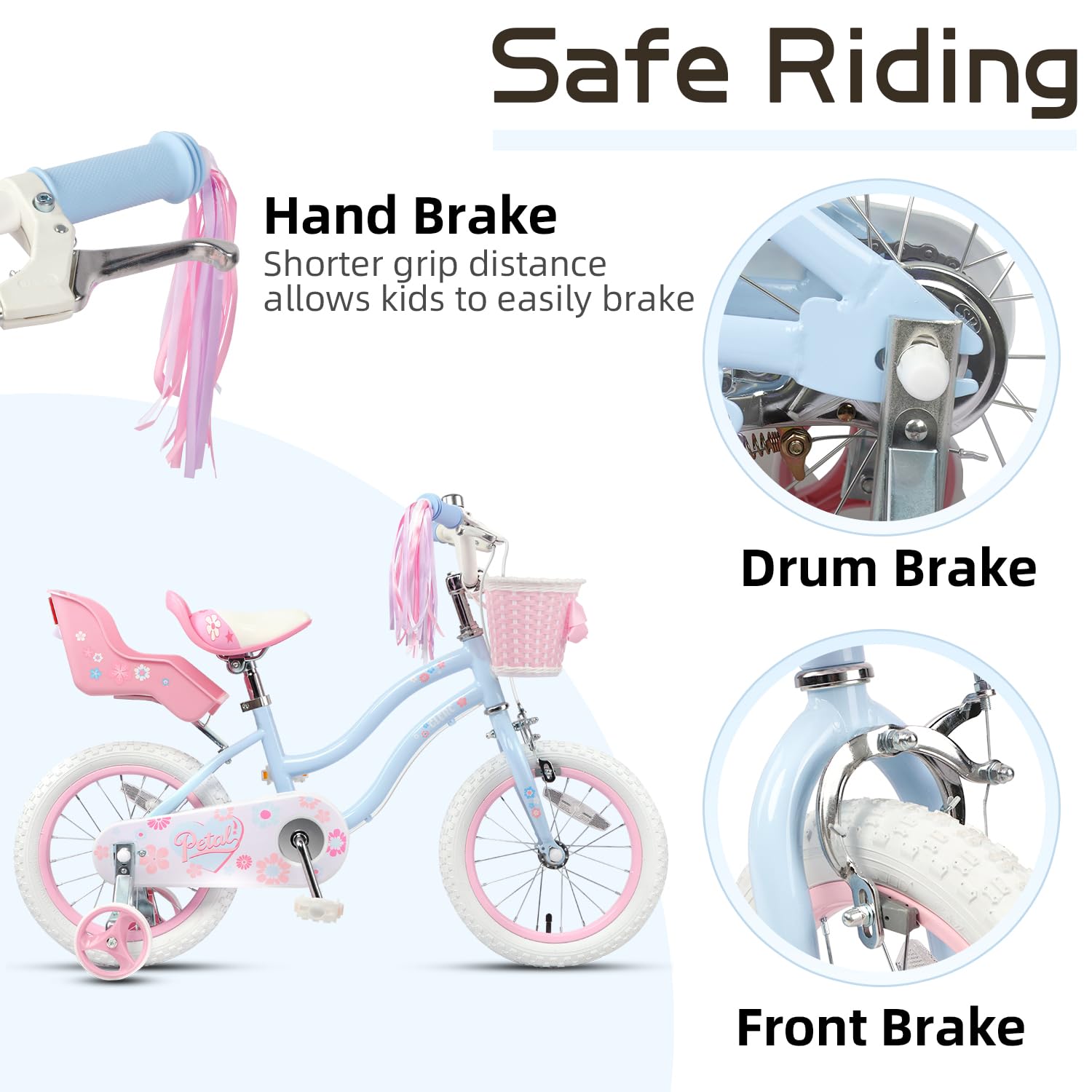 Glerc Vélo Enfant 12 14 16 Pouces pour Filles de 2-8 Ans, Style Princesse avec Pompons de Guidon, Panier et Roues d'appoint