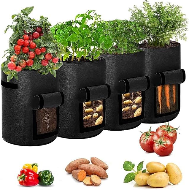 Airsnigi Potato Grow Bags, 4 Pack 7 Gallon Plant Growing Bags Breathable Garden Growing Bag Planting Tomatoes, Vegetables, Strawberry with Window Flap and Handles - Black