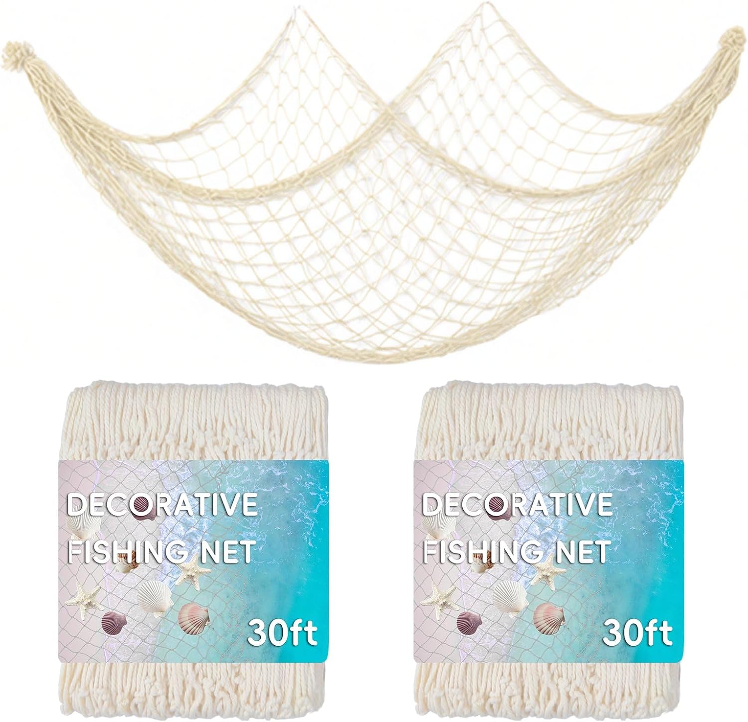 2 Pack 30 ft Fish Net Decorations, Fishing Net Decor for Pirate Hawaii Beach Mermaid Ocean Under The Sea Nautical-Themed Party