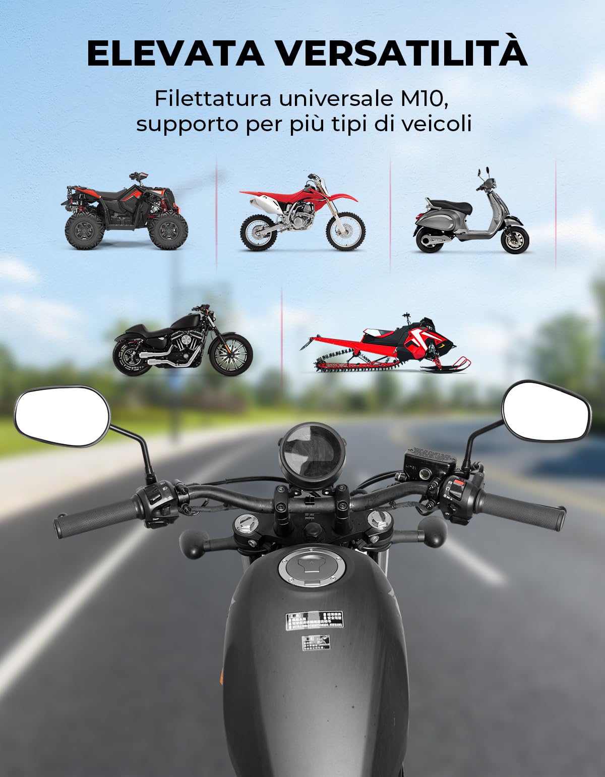KEMIMOTO Specchietto Moto Retrovisore, Universali M10 Specchietti Moto, Alluminio ad Alta Resistenza Specchi Laterali M10 per Street Bike Cruiser Chopper Adventure Touring