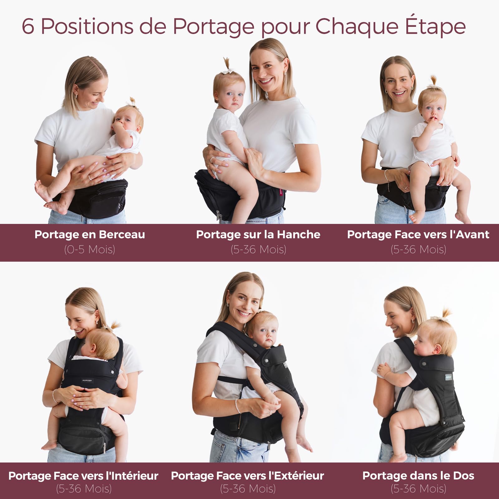 Momcozy Porte-bébé 2 en 1 avec coussin de hanche, réglable, amovible, jusqu'à 20 kg, respirant, soutien lombaire, noir