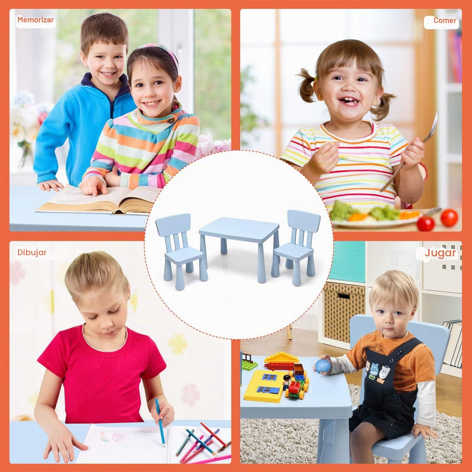FANTASK Juego de Mesa Infantil de 3 Piezas, Mesa Infantil con 2 sillas, Muebles Infantiles de plástico, Mantel Individual para guardería y habitación Infantil (Azul)