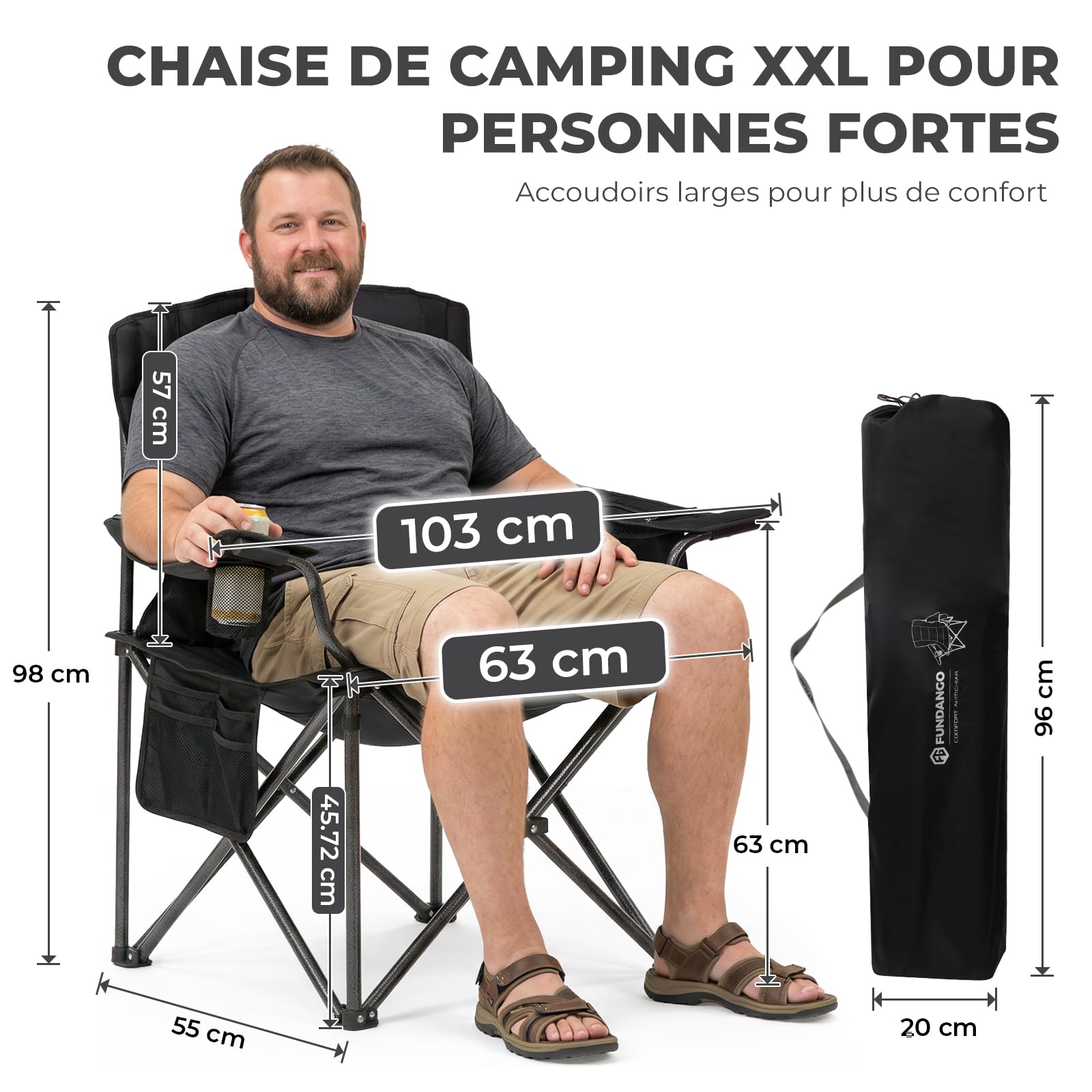 FUNDANGO Chaise de Camping Pliable surdimensionnée pour Adultes, 250 kg, Chaise de Plage Pliante Portable avec siège et Dossier rembourrés, Refroidisseur à 4 canettes et Porte-gobelet, Sac de