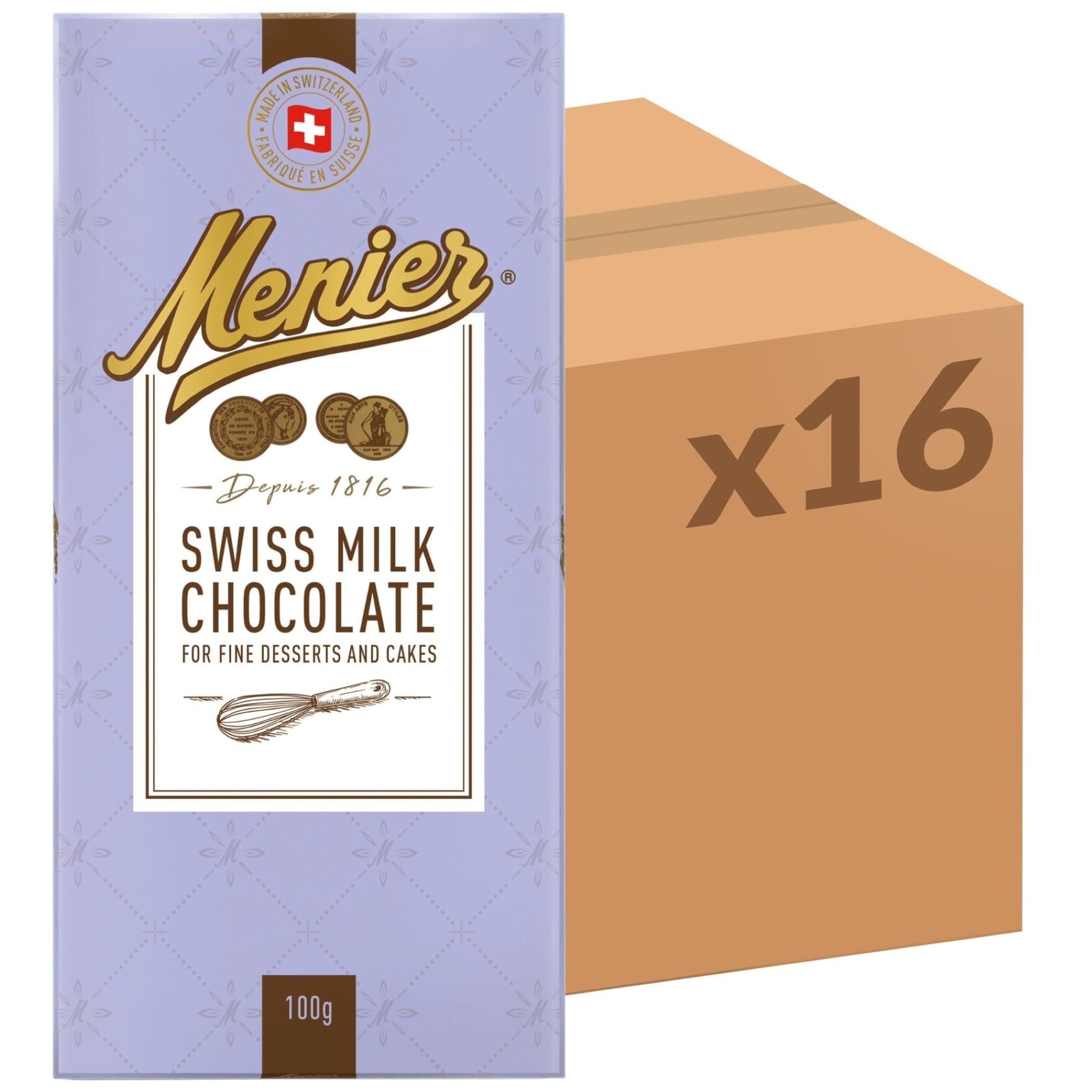 Menier Premium Swiss Milk Chocolate, 100 g (Pack of 16) – Authentic Sweet Chocolate for Baking and Snacking, Natural Flavour Ideal for Creative Bakers