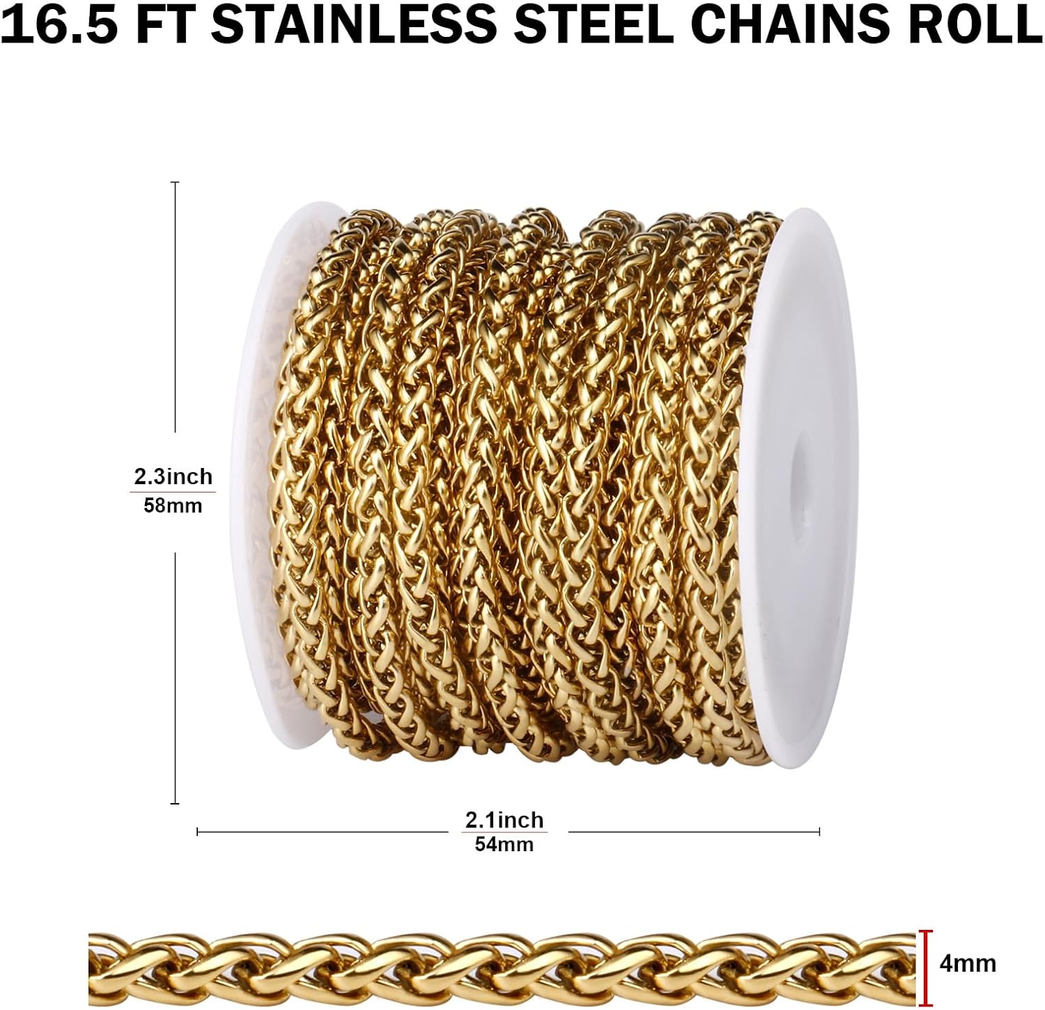 [16.5FT] 18K Gold PVD Plated Wheat Chains for Jewelry Making, 3mm 304 Stainless Steel Wheat Link Chain Roll Bulk for DIY Jewelry Making Craft - Image 3