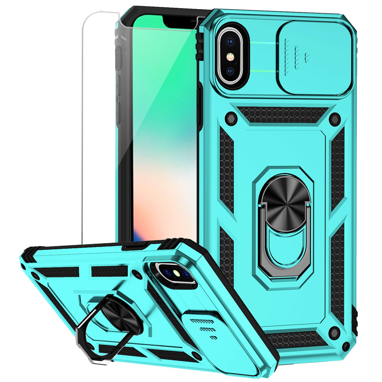 for iPhone XS Max Case with Camera Lens Cover HD Screen Protector, Dual Layer Military Grade Drop Protection Magnetic Ring Holder Kickstand Protective