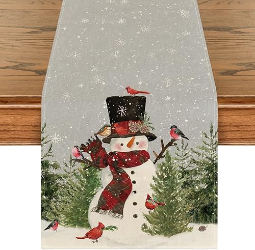 Artoid Mode Camino de mesa de Navidad con diseño de muñeco de nieve, pájaros y árboles, decoración de mesa de comedor para decoración de fiesta en