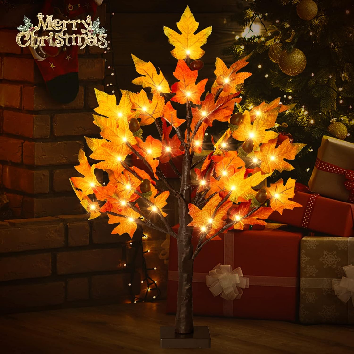 2Pack Fall Lighted Maple Tree - 2FT 36 LED Thanksgiving Decor Artificial Fall Lights, Battery Operated Tabletop Lamp with 6 Acorns, 6-Hours Timer, for Wedding Party Indoor Outdoor Autumn Decor…