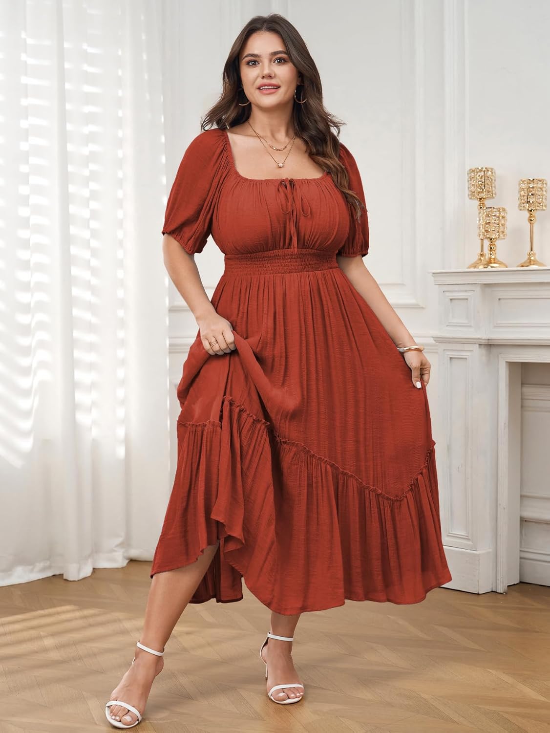 Women's Plus Size Dress Short Sleeve Square Neck Tie Front Ruffle Hem Boho Maxi Milkmaid Dress - Image 2