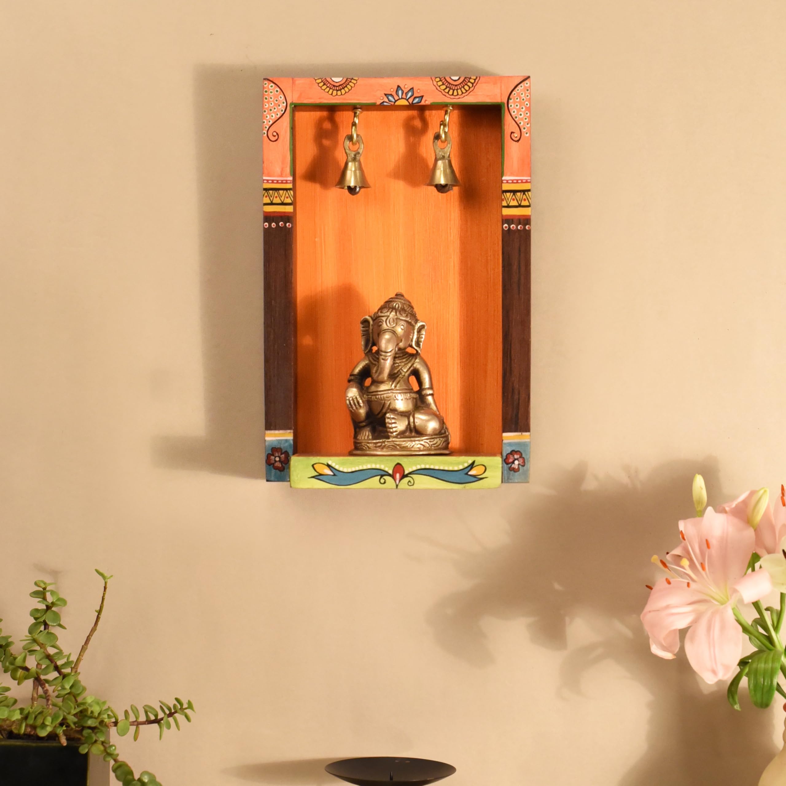 AAKRITI ART CREATIONS Traditional Motif Wooden Bell Wall Décor Frame | Floral Art, Matte Finish | Wooden Wall Shelf Decor for Home-image-8