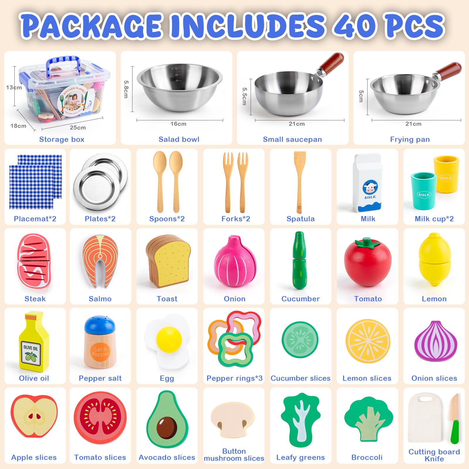 SEMKOTREE Cucina Giocattolo per Bambini, Accessori Cucina Bambini Legno Set Utensili Cucina, Insalatiera Pentole Acciaio Inox, Giochi Bambina Gioco Montessori, Regalo Bimba Bimbo 3 4 5 6 Anni