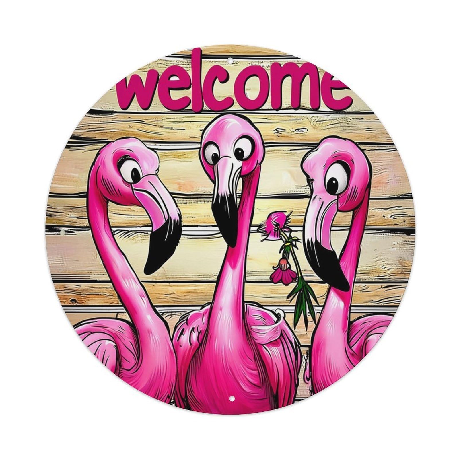 Iageret Vintage Flamingo Welcome Background Pattern Round Metal Tin Sign Wall Decor, Bar Garage Cafe Kitchen Home Wall Art Poster 8X8inches