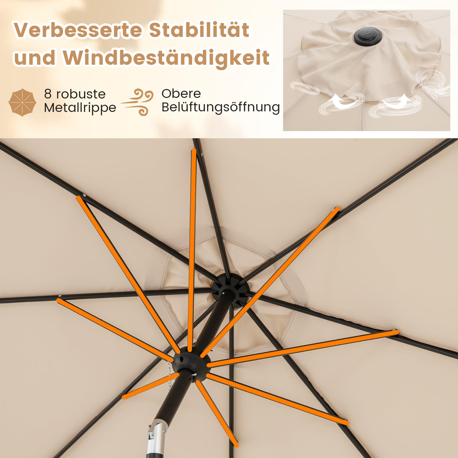 COSTWAY Sonnenschirm 300 cm, Gartenschirm mit Kurbel, beidseitig um 25° knickbar, 8 Rippen, Beige