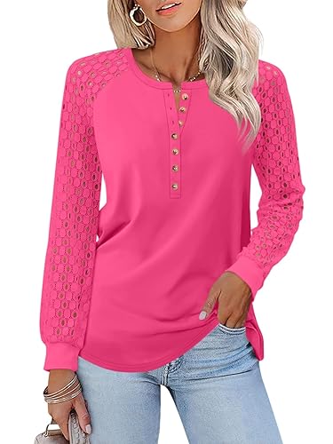 Minetom Women's Lace Long Sleeve Tops Henley Shirts Casual Blouses