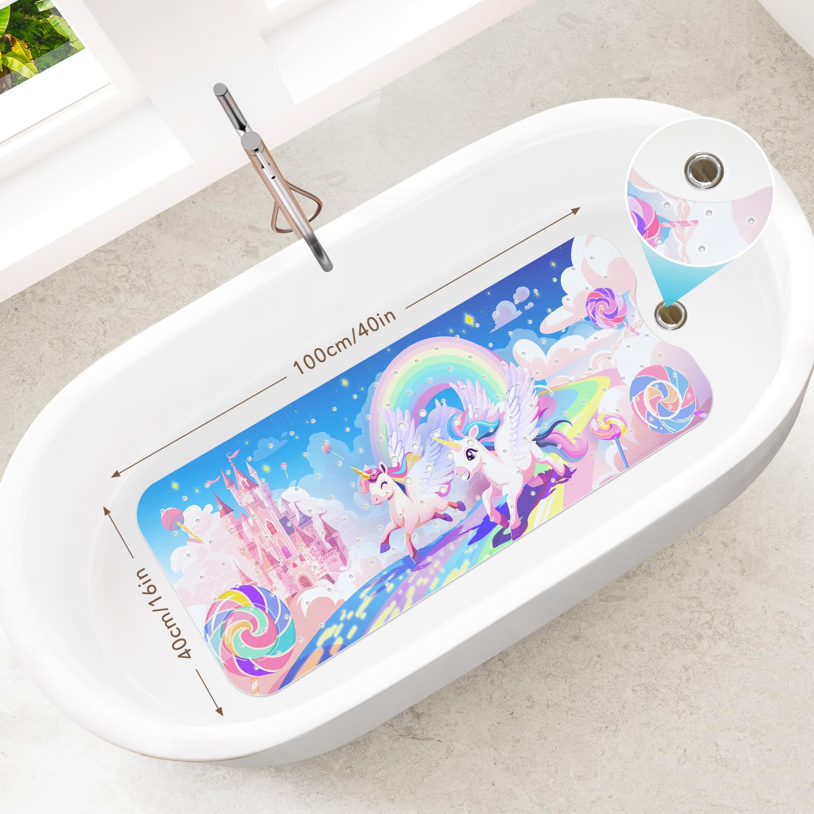 Baby Bath Mat for Tub Non Slip-40 X 16 Inch Extra Long Kids Bathtub Mat Non Slip, Upgrade Bath Tub Shower Mat Anti Slip with Suction Cups & Drain Holes for Bathroom, Machine Washable,Rainbow Unicorn