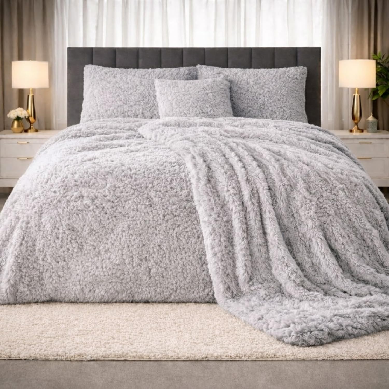PARADISE STAR Teddy Bear Cuddles Fleece Duvet Cover Set – Alaska Luxury Faux Fur Bedding with Matching Pillowcases, Super Soft Warm Plush Winter Quilt Cover Bed (Silver, King)