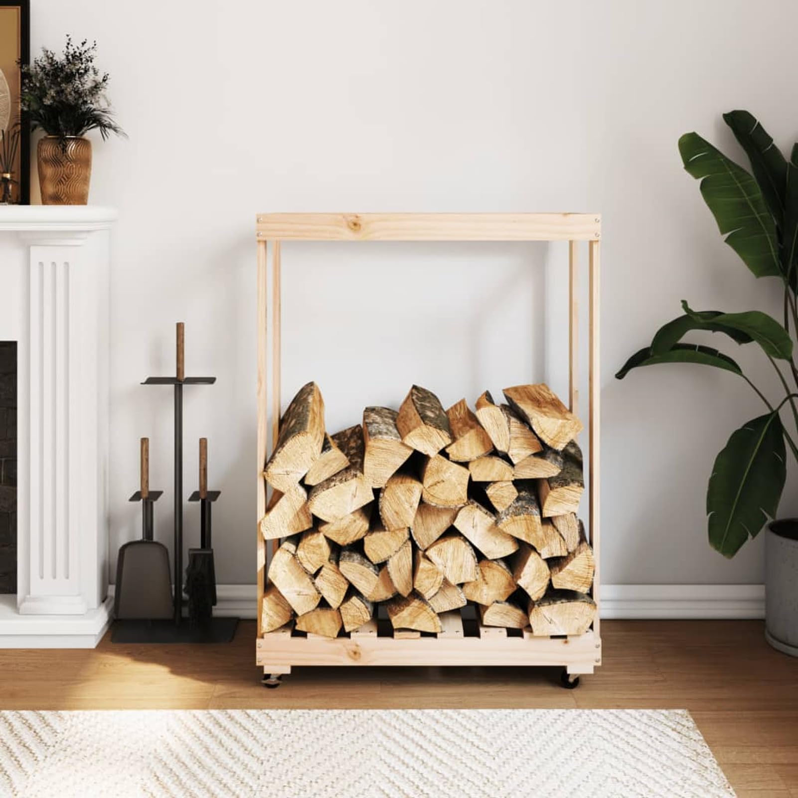 Homgoday Arredo Portalegna con Ruote 76,5x40x108 cm Legno Massello di Pino, Portalegna da Interno, Portalegna da Ardere, Porta Legna per Camino, Legnaia da Interno, Impilabile Stufa Ripiano Legno