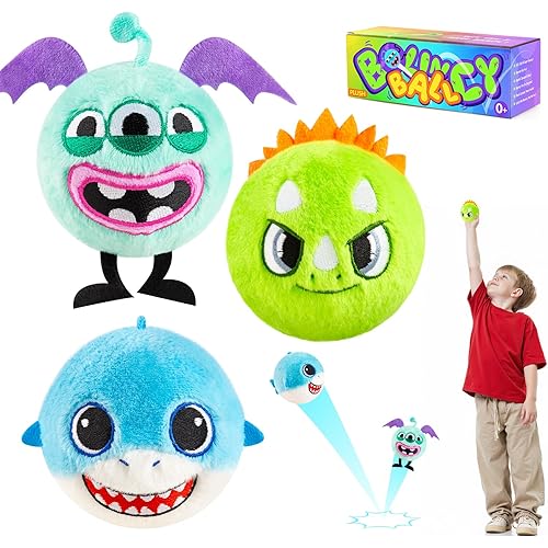 ZOOJOY 3 Pcs Plush Bouncy Balls for Toddlers and Kids, 3-Inch High Bounce Sensory Toys Featuring Dinosaur, Shark & Monster, Soft Game Balls Gift for Boys 6 Months+, Indoor & Outdoor Play