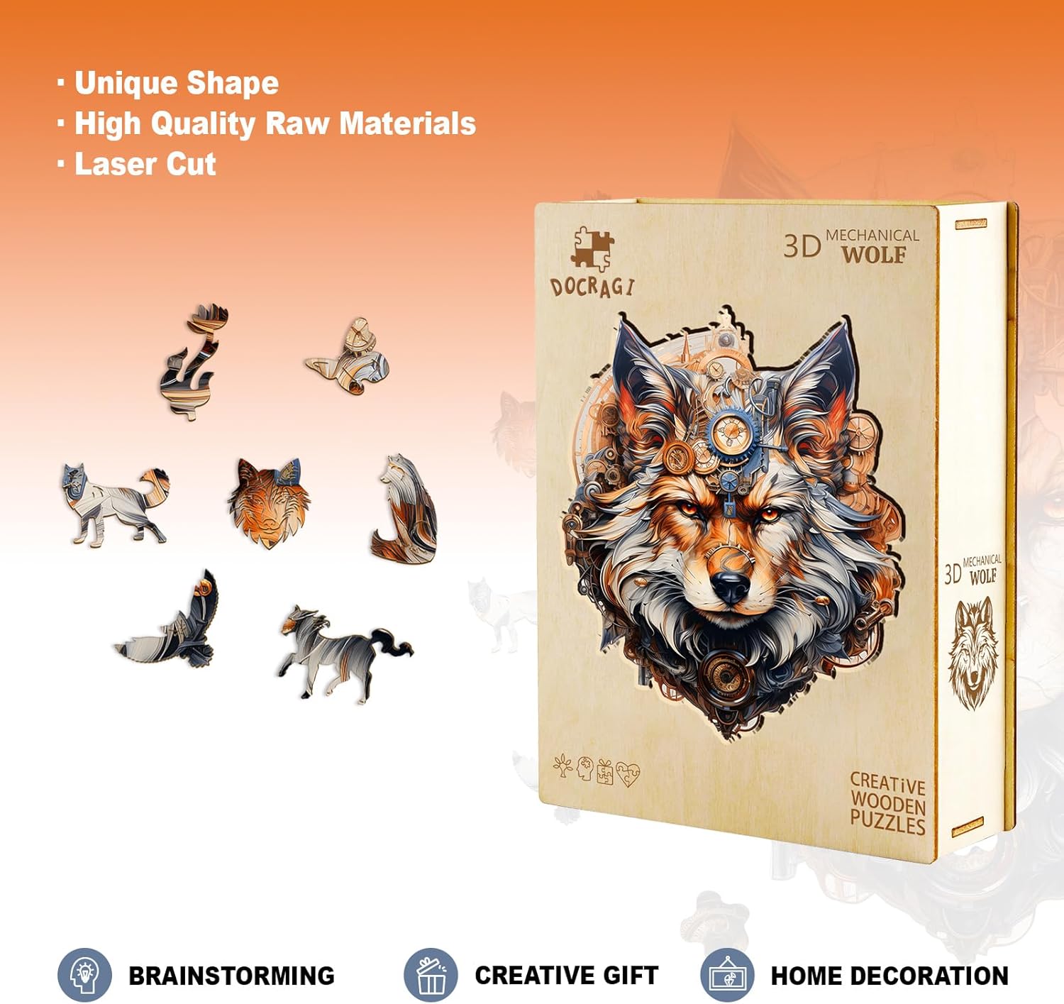 Wooden Puzzles for Adults - Mechanical Gearwolf Wooden Jigsaw Puzzle - Unique Animal Shaped Wood Puzzles Adult - Christmas Birthday Gifts for Adults/Friends/Family - 210pcs 13.3 * 11.1in