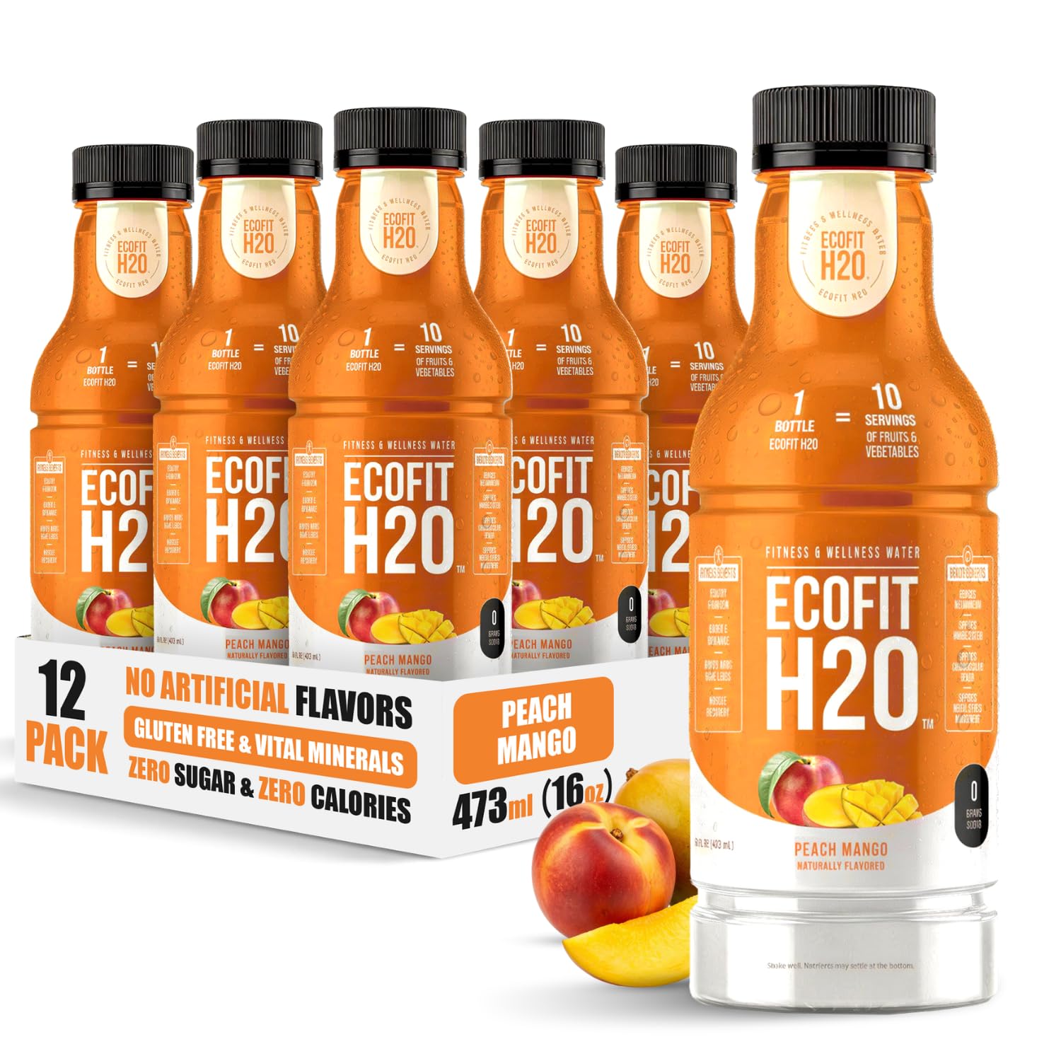 ECOFIT H2O Flavored Water, Zero Sugar & Calories, Non-Carbonated, Antioxidant Wellness Water with Indian Gooseberry, Naturally Flavored, Vitamins & Minerals, 16 fl oz Bottles, Peach Mango 12 Pack