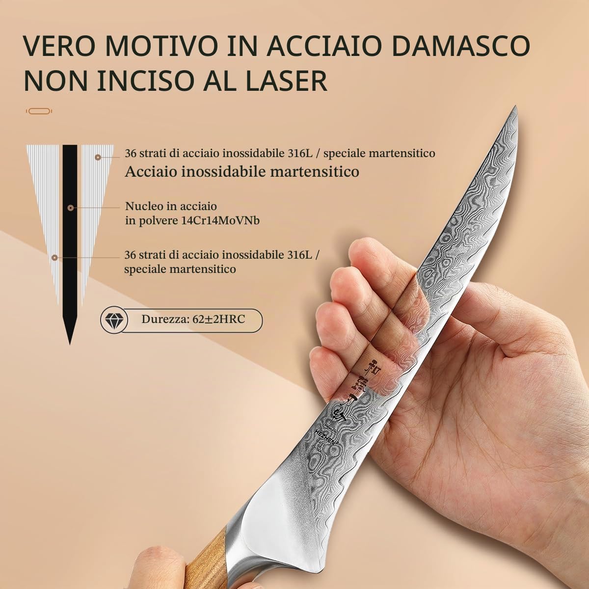 HEZHEN Damasco Coltello per Sfilettare, Coltello Da Filetto Acciaio Damasco Coltelli da Disosso Filettare Professionale, Manico in Legno Ergonomico