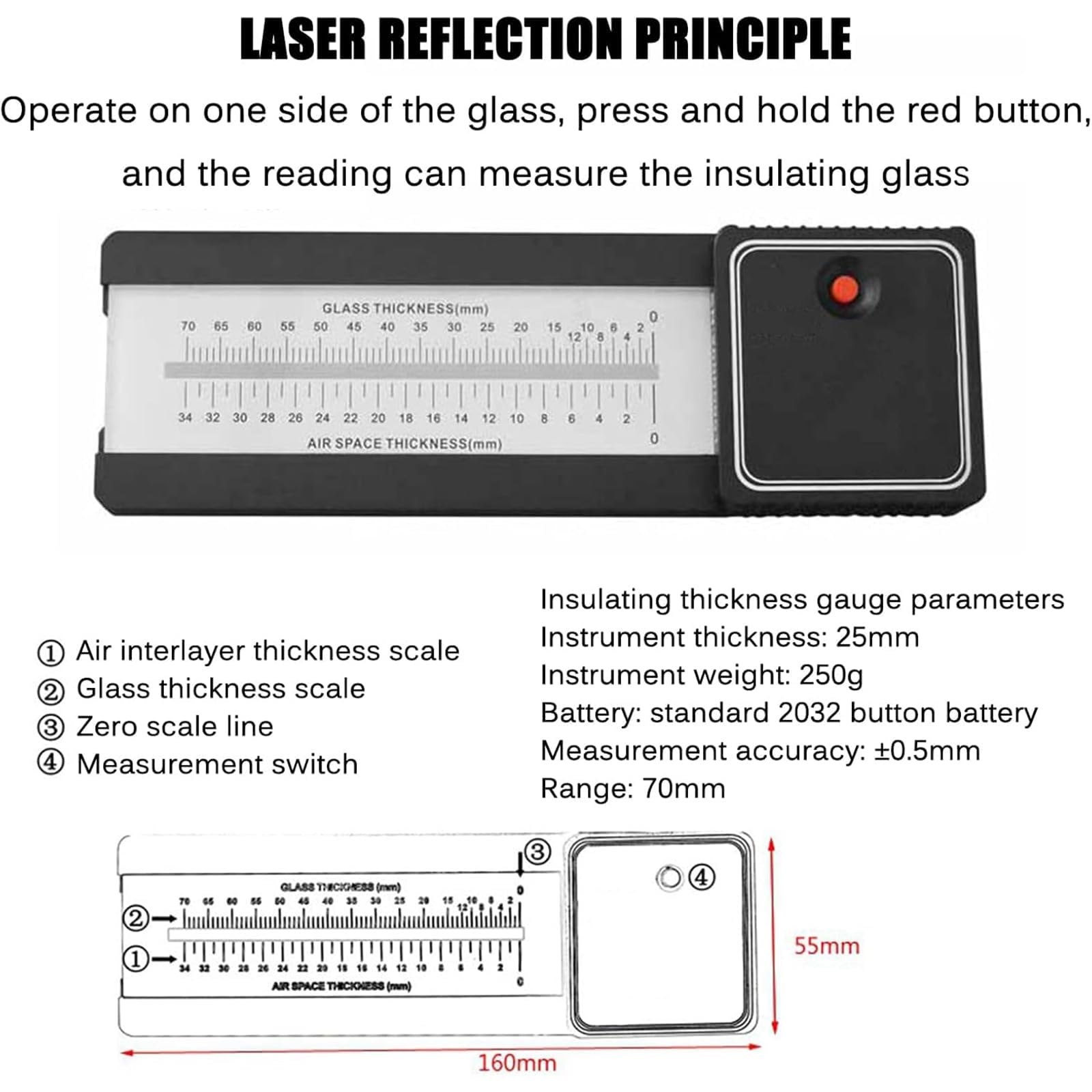 Medidor De Grosor De Vidrio Digital, Medidor De Espesor De Vidrio, Con Pantalla De Escala, Precisión ± 0.5 Mm, Espesor De Vidrio 70 Mm, Intervaliante De Aire 34 Mm, Para La Construcción De Ingeniería