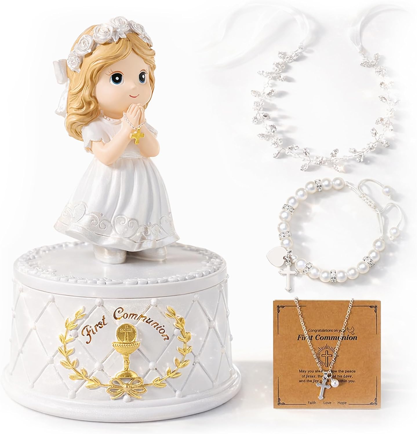 First Communion Gifts for Girls- First Holy Girl Figurine with Keepsake Box & Flower Girl Headpiece & Cross Necklace & Cross Bracelet Included, 1st Communion Gifts for Girls
