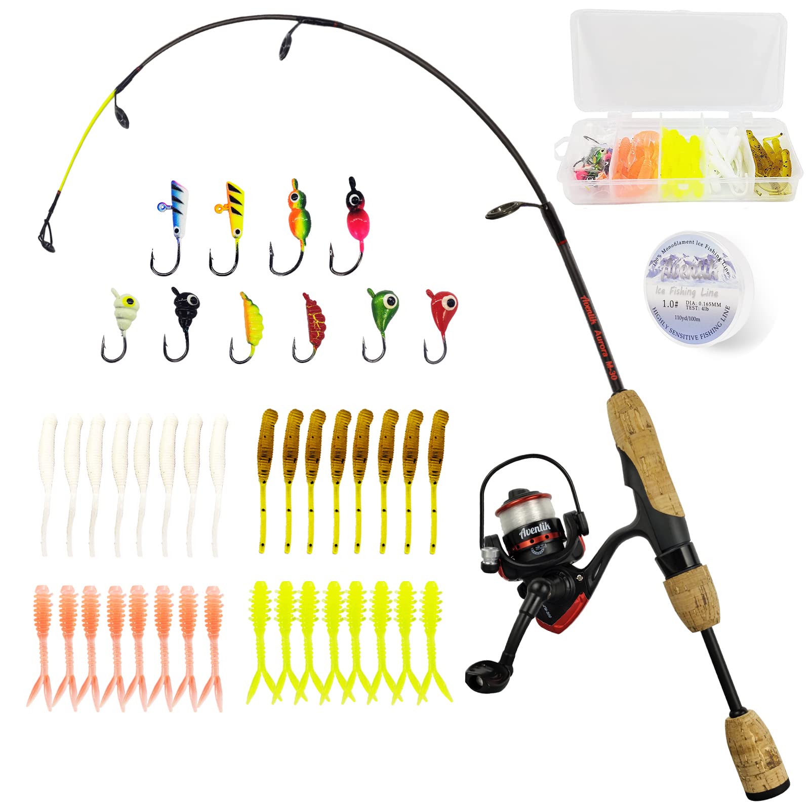 Aventik Ultralight Ice Fishing Rod and Reel Combo 26/28/30/32 inch Medium Light Fast Action Multi-Species Ice Fishing Combos for Walleye Perch Panfish