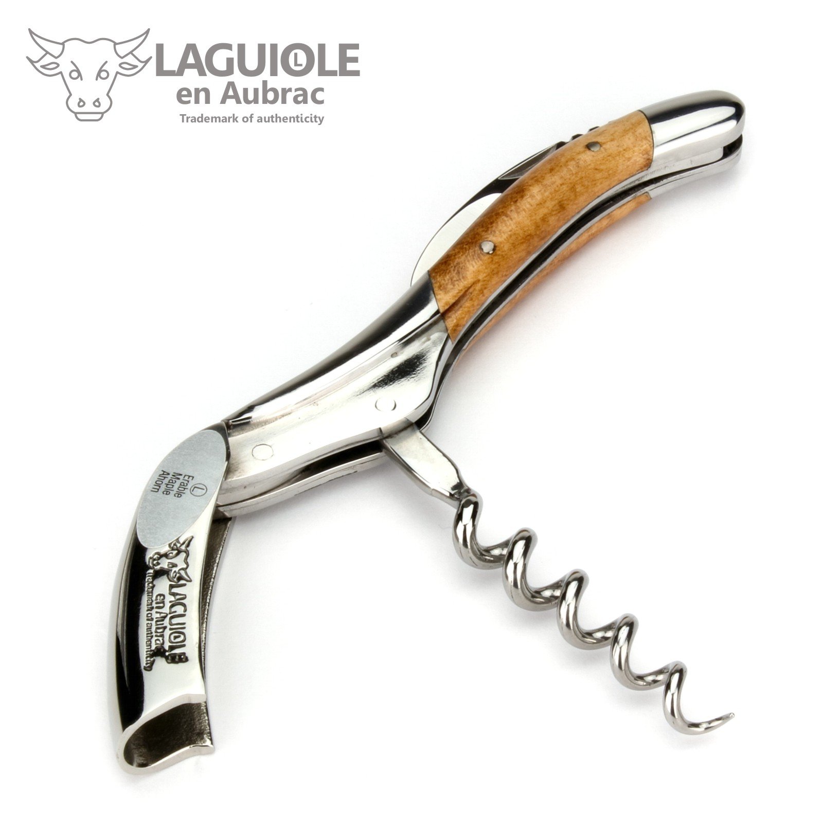 Laguiole en Aubrac Sommelierbesteck - geflammter Ahorn - Edelstahl glänzend - Kellnermesser Weinöffner