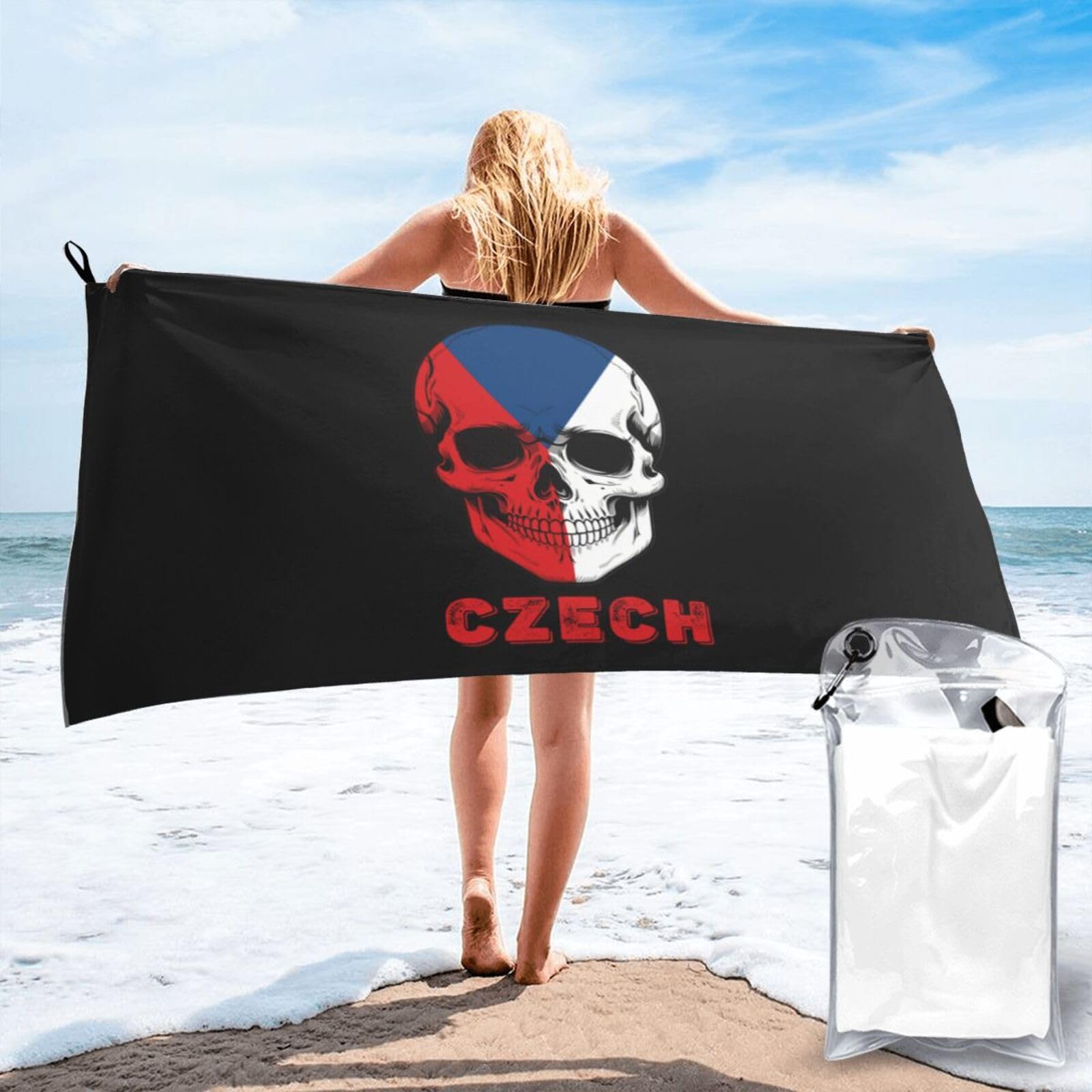 HACXZ Skull Czech Republic Flag Lightweight Absorbent Beach Towel Microfiber Beach Towel 31.5"X63"