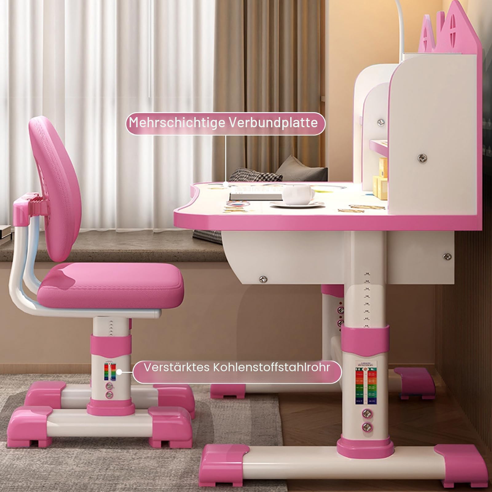 Reheyre Schreibtisch- und Stuhl-Set für Kinder, rosa Schreibtisch-Set mit verstellbarer Höhe, Schubladen und Stauraum, Cartoon-Muster, Lerntische und Stühle für Kinder, Mädchen (Rosa), 3712398