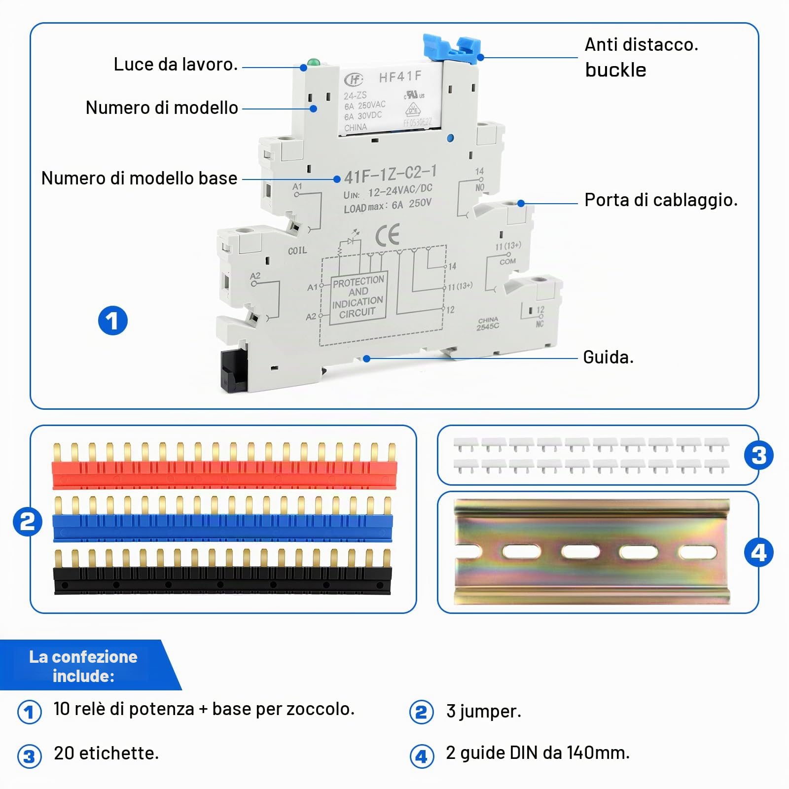 Relè di Segnale DIN 24V per PLC, HF41F/24-ZS 5 pin 1NO 1NC | 6A SPDT con Indicatore LED, Relè 24V CC, Max 6A 250VAC/30VDC(10 pcs)