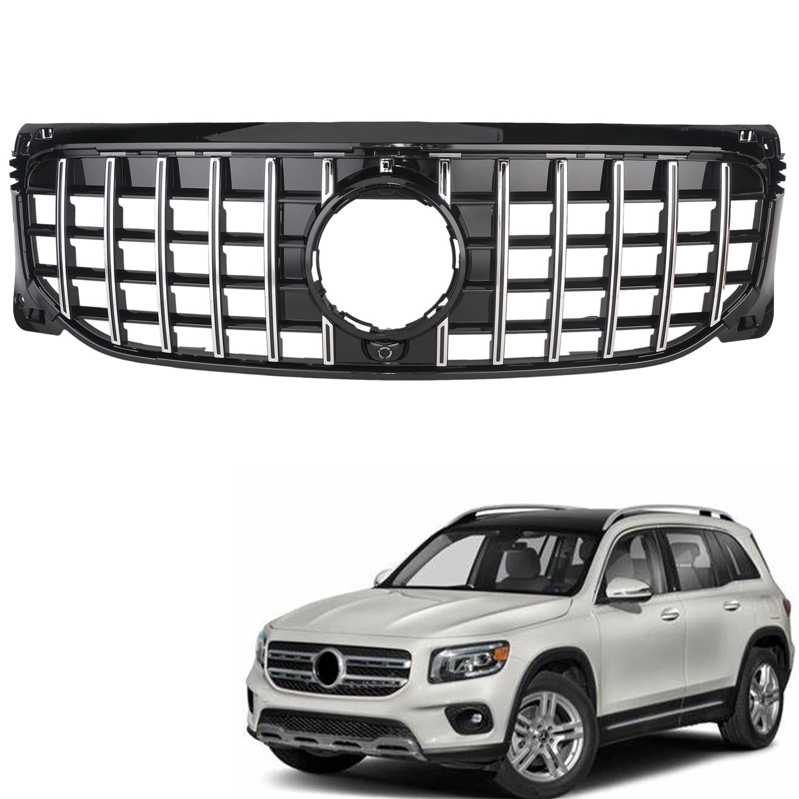 GT R Style ABS Hood Grill with Camera Hole Front Bumper Grille for Mercedes Benz X247 W247 GLB-Class GLB250 2020 2021 2022, NOT Fit for GLB63 AMG, GLB63S AMG or Deluxe version Chrome