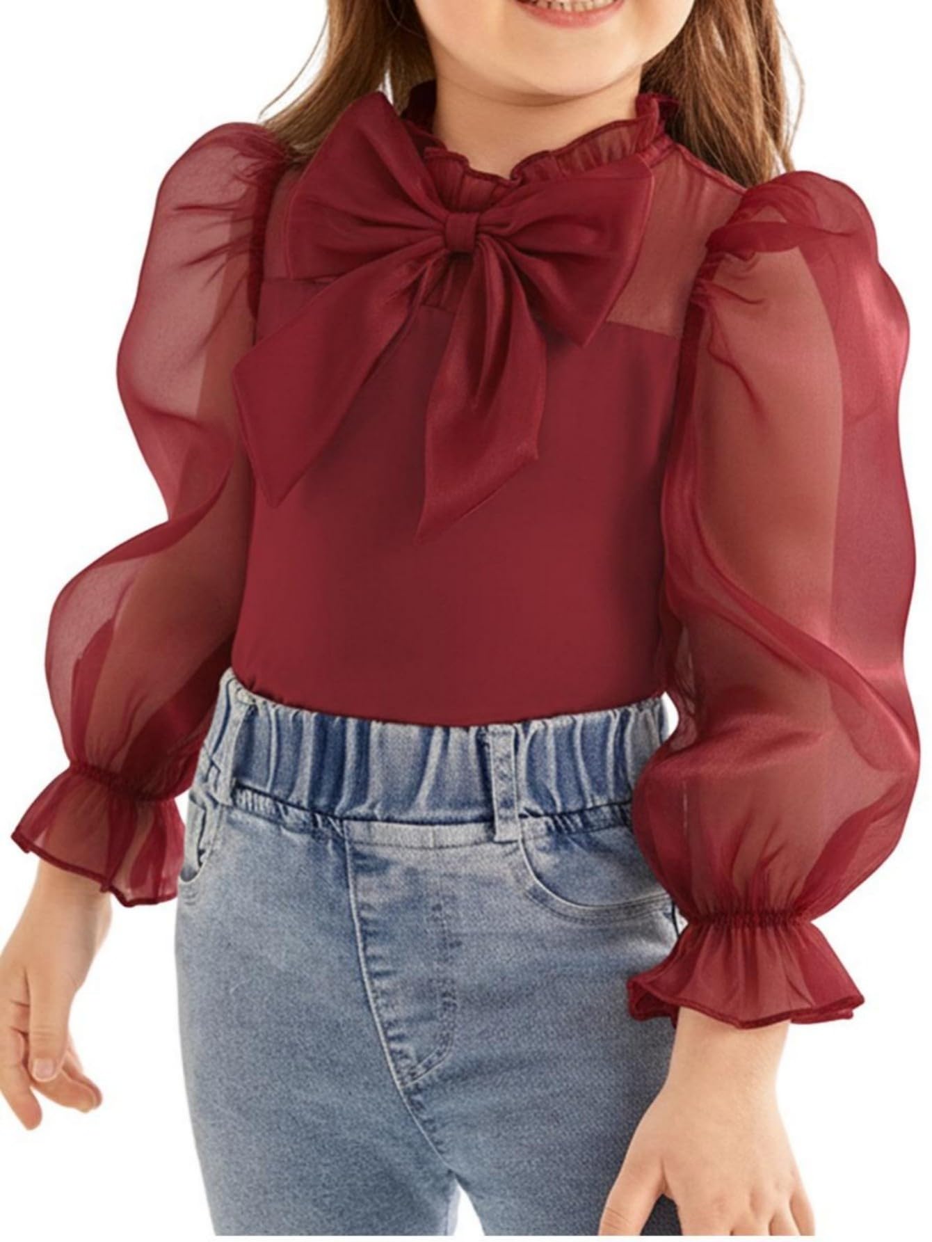 WDIRARA Girl's Bow Front Cute Long Sleeve Blouse Mock Neck Shirt Ruffle Mesh Casual Top Tee